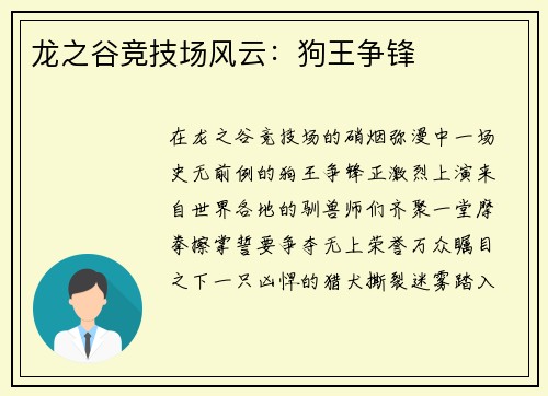 龙之谷竞技场风云：狗王争锋